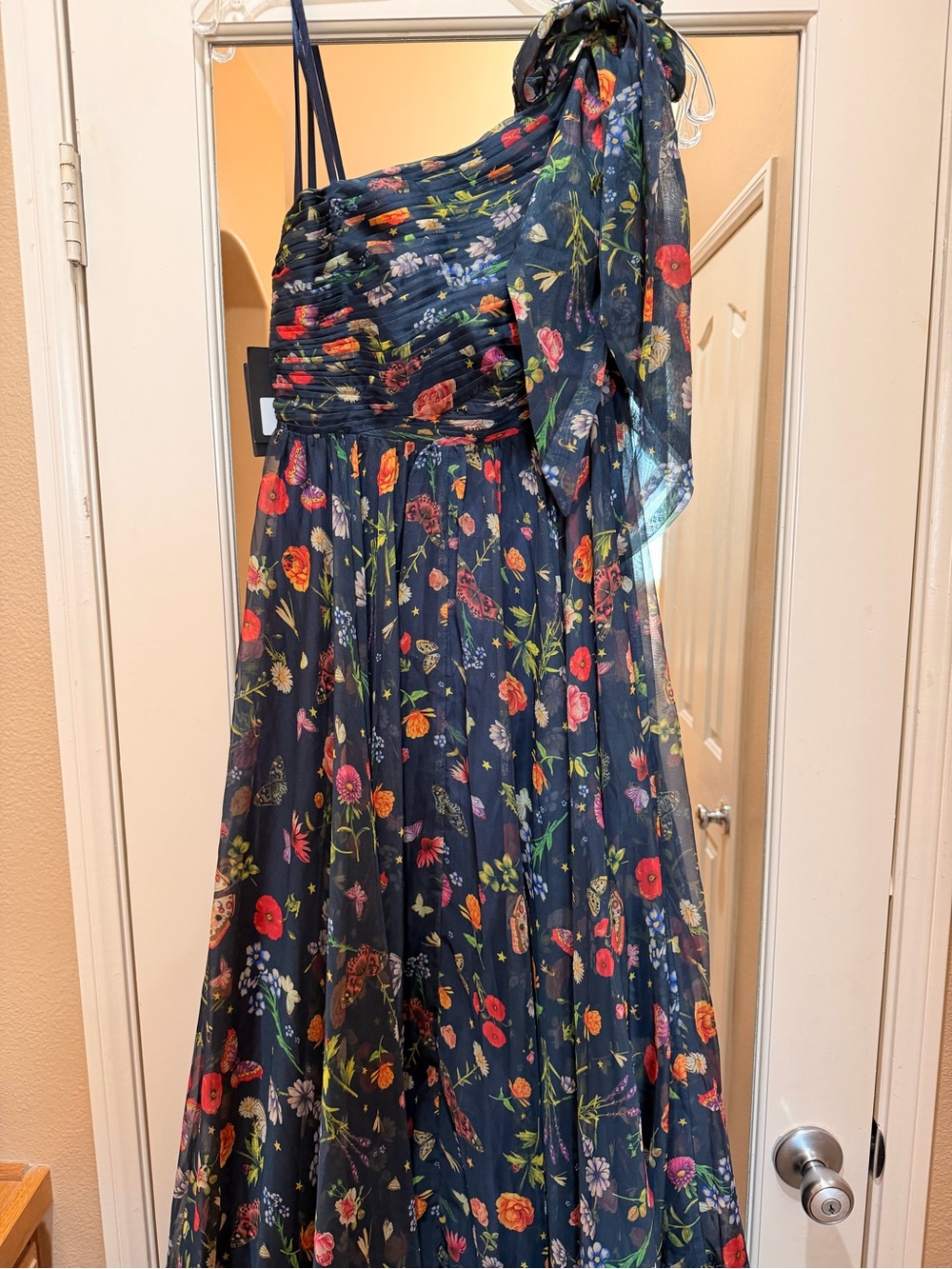 Floral One-Shoulder Navy Maxi Dress with Side Slit - Picture 5 of 5